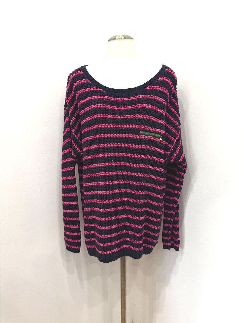 Tommy Hilfiger XL Navy Blue and Pink Striped Knit Sweater